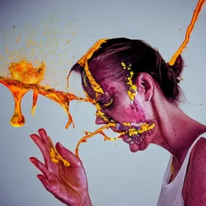 Artistic representation for Woman drips with sweat from a bite of food due to rare nerve - wiring mix - up